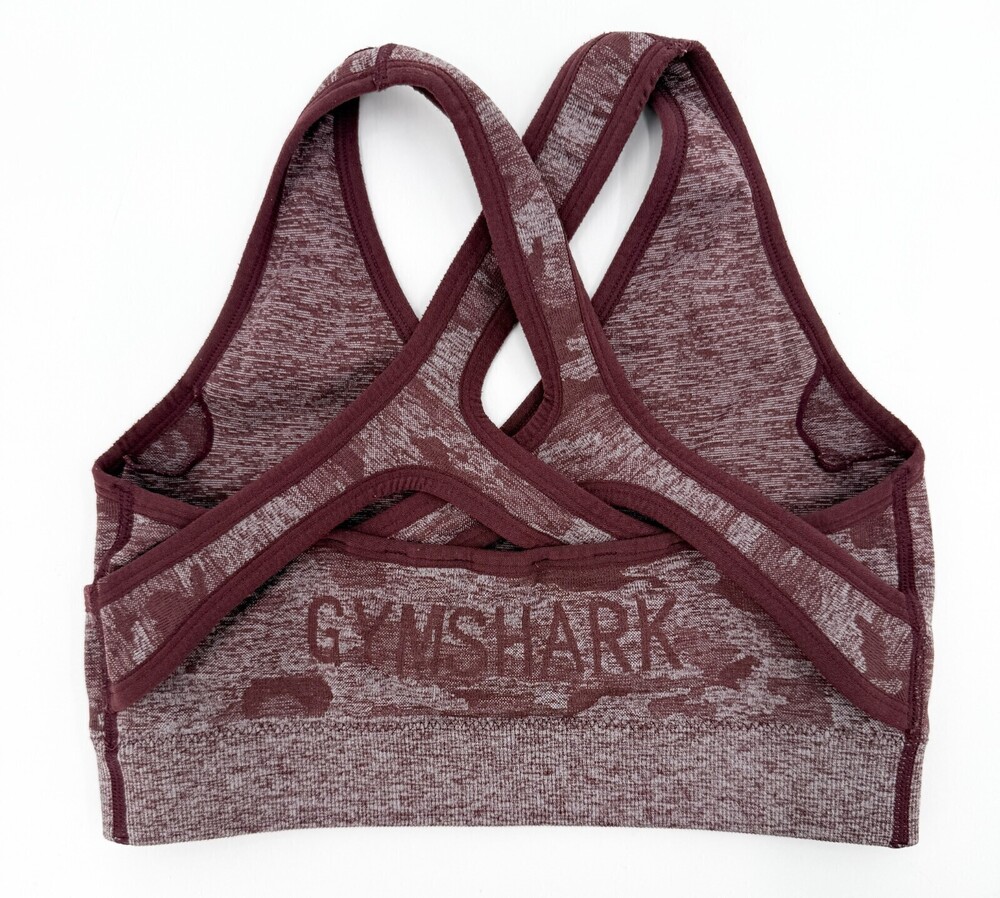 Gymshark Sports Bra Tank Womens Medium Burgundy Camouflage Cross Strap Spellout